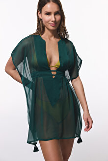 Koyu Yeşil Basic Şifon V Yaka Mini Kaftan