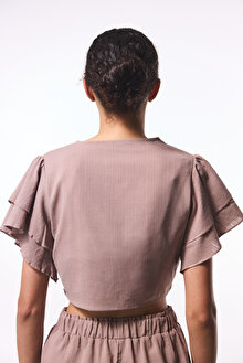 Bej Peek Crinkle Crop Top Gömlek_1