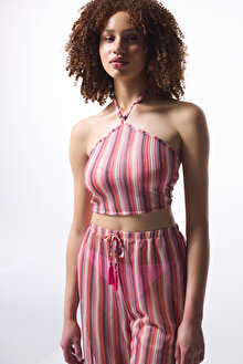 Çizgili Moi Halter Yaka Crop Üst_1