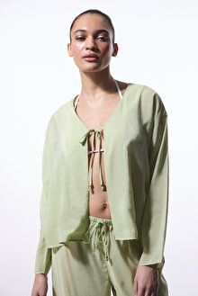 Açık Yeşil Mindy Bağlama Detaylı V Yaka Oversize Kimono_1