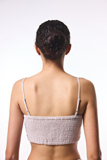 Taş Rengi Kio Müslin Muslin V Yaka Crop Top Üst_1