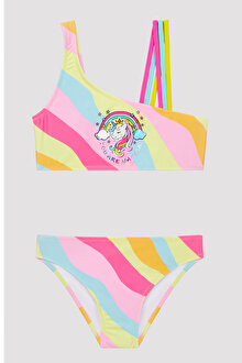 Kız Çocuk Unicorn One Shoulder Çok Renkli Bikini Takımı