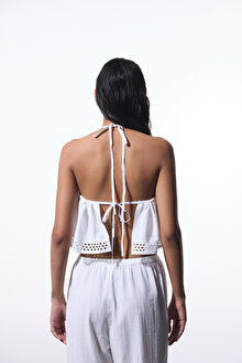 Beyaz Arlet Halter Yaka  Crop Üst_1