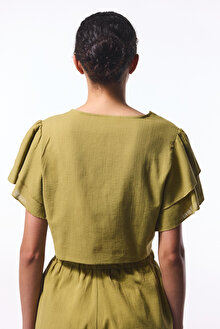 Yağ Yeşili Peek Bağlama Detaylı Crop Top Üst_1