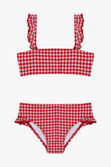 Kız Çocuk Gigham Kareli Fırfırlı Bandeau Bikini Takımı