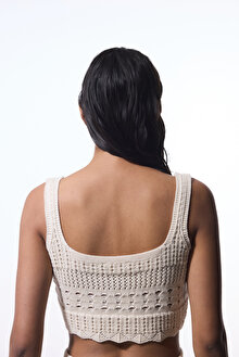 Taş Rengi Colette Nakış Detaylı Kare Yaka Crop TopÜst_1