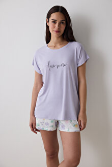 Love More Tişört Lila Pijama Üstü