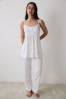Lana Printed Pantolon Kırık Beyaz Pijama Takımı