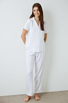Optik Beyaz Aria Saten Gömlek Yaka Kısa Kollu Pijama Takımı PN97H74B25SK-WT3 - Optik Beyaz - Penti