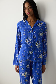 Çiçek Baskılı Saks Mavisi Gömlek Pantolon Pijama Takımı_1