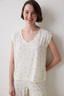 Bloom Printed Ekru Tişört Pijama Üstü