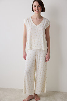 Bloom Printed Ekru Tişört Pijama Üstü_1