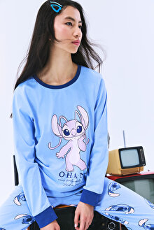 Stitch Ohana Pantolon Açık Mavi Pijama Takımı - Stitch Koleksiyonu
