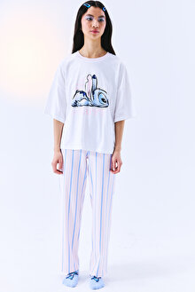 Stitch Happy Pantolon Optik Beyaz Pijama Takımı - Stitch Koleksiyonu 