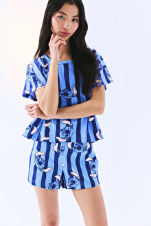 Stitch Stripe Şortlu Açık Mavi Pijama Takımı - Stitch Koleksiyonu