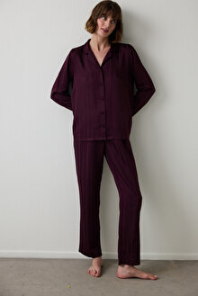 Bordo Çizgili Saten Gömlek Yaka Pijama Takımı PNL3PK4J25SK-BR4 - Bordo - Penti