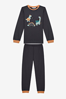 Pamuklu Erkek Çocuk Dino Boo Antik Yeşil Pijama Takımı