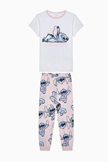 Kız Çocuk Stitch Optik Beyaz Pijama Takımı - Stitch Koleksiyonu