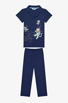 Erkek Çocuk Catstronaut Gömlek Koyu Mavi  Pijama Takımı