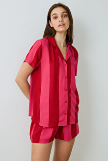 Kırmızı For You Çizgili Desenli Gömlek Yakalı Kısa Kollu Şortlu Pijama Takımı PNV1VVI025SK-RD42 - KIRMIZI - Penti