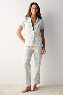 Blue Hearts Düğmeli Gömlek Pantolon Pijama Takımı_1