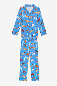 Erkek Çocuk Horses Gömlek Mavi Pijama Takımı