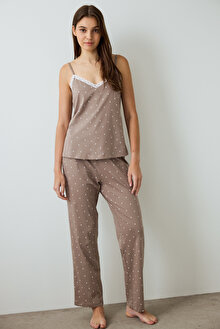 Koyu Bej Pamuklu  Mia Mocha Dantelli Puantiyeli V Yaka Kolsuz Pijama Takımı PNXA564825SK-BG96 - Penti