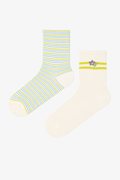 2 Çift Organik Pamuk Çiçek Desenli Soket Çorap- Inspired by Flora