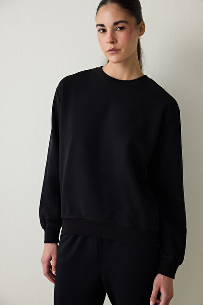 Siyah Bisiklet Yaka Oversize Spor Sweatshirt