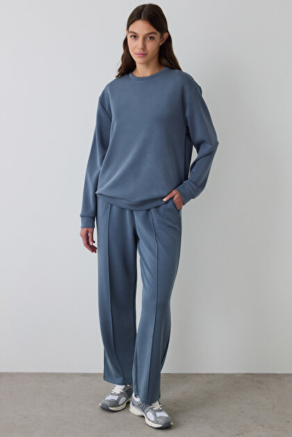 Koyu Gri Bisiklet Yaka Oversize Kısa Modal Sweatshirt