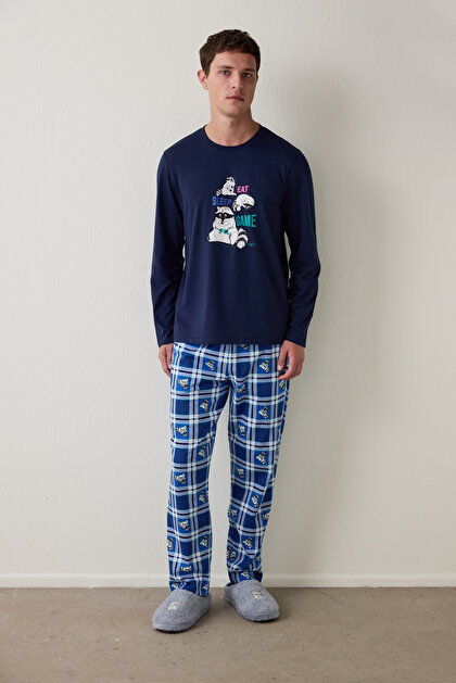 Erkek Bisiklet Yaka Hayvan Desenli Pijama Takımı