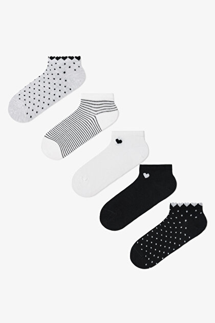 5 Çift Pamuklu Kalp Desenli Patik Çorap