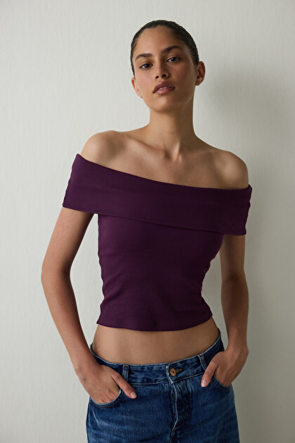 CUPsecret Kendinden Pedli Mor Foldable Madonna Yaka Kolsuz Slim Fit Üst