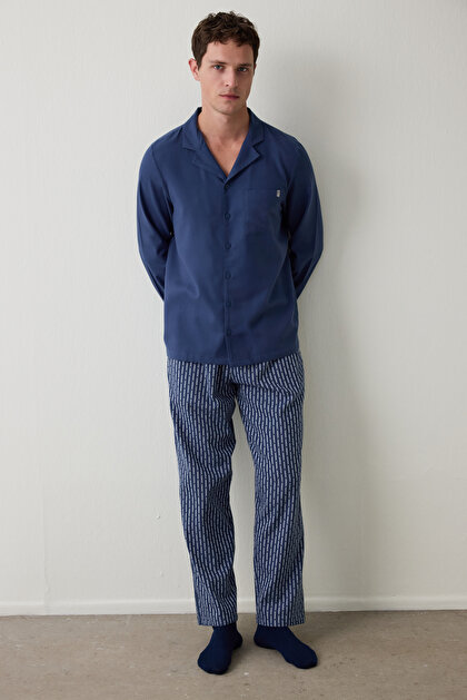 Indigo Melange Man Buttoned Shirt Trousers Pajama Set