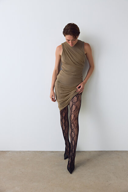 Siyah Yılan Desenli File Külotlu Çorap