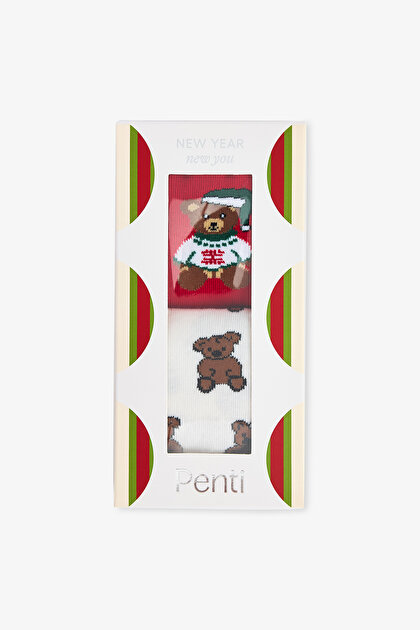 2 Çift Pamuklu Yeni Yıl Aycık Desenli Kutulu Soket Çorap