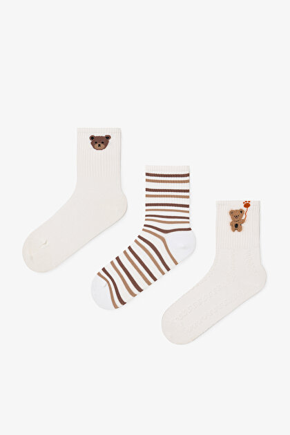 3 Pairs of Cotton Self-Patterned Teddy Bear Socket Socks