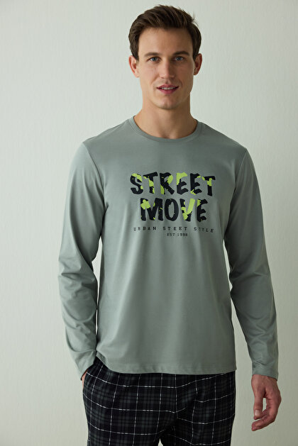 Move Man Slogan Printed Long Sleeve Cotton Pajama Set