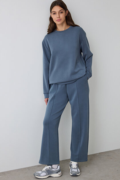 Koyu Gri Yüksek Bel Lastikli Düz Paça Modal Pantolon