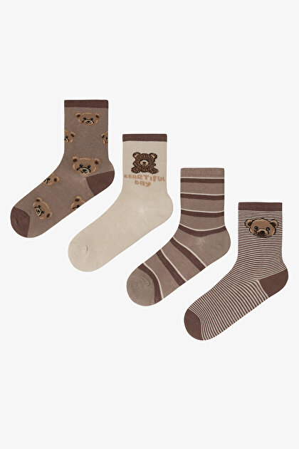 Erkek Çocuk Latte Teddy Ayı Desenli Pamuklu 4'lü Soket Çorap