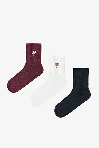 3 Çift Pamuklu Kurdele Nakışlı Tenis Soket Çorap