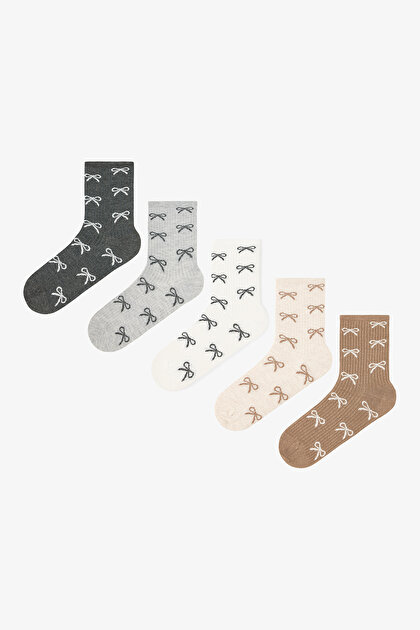 5 Pairs of Cotton Ribbon Patterned Socket Socks