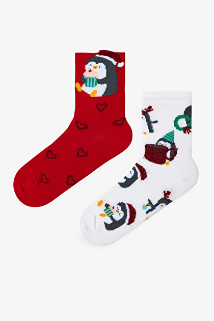 Çok Renkli Kız Çocuk Penguin 2li Soket Çorap