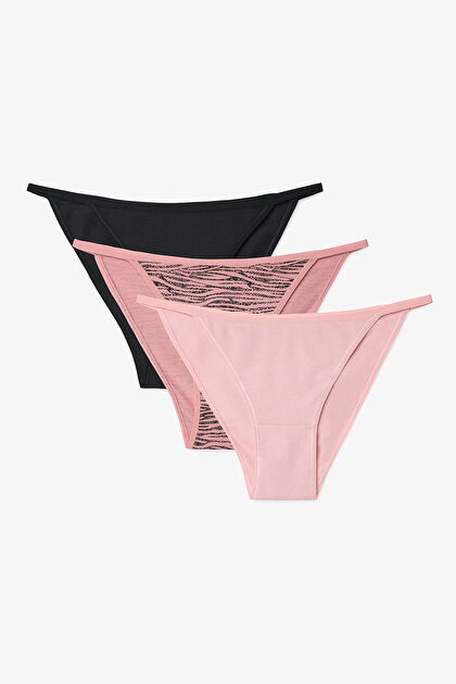 Mix Zebra Desenli İp Detaylı Düşük Bel 3'lü Slip Külot