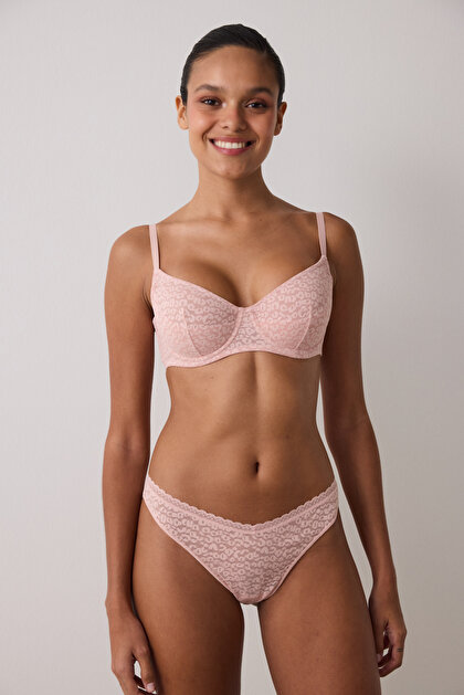 Gül Kurusu Valeria Çiçek Desenli Dantelli Balenli Dolgusuz Toparlayıcı Sütyen