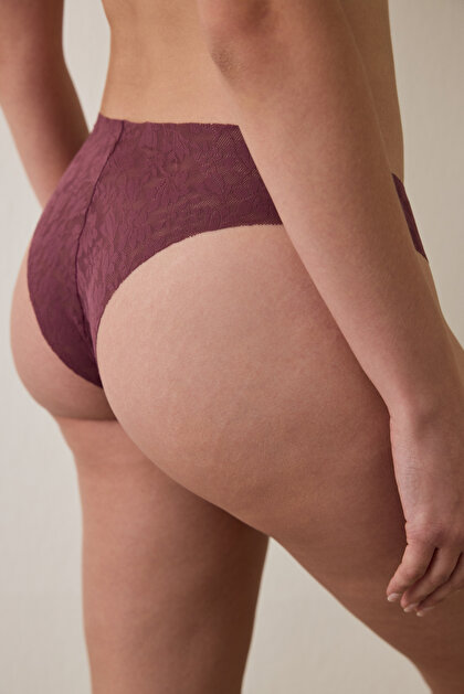 Bordo Çiçekli Dantelli İz Yapmayan Lazer Kesim Brazilian Külot