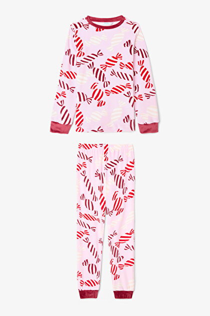 Pembe Kız Çocuk Candy Yeni Yıl Desenli Yumuşak Dokulu Pijama Takımı