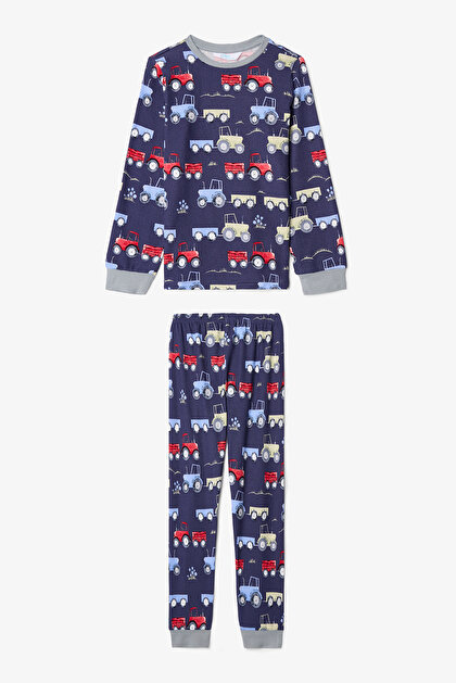 Koyu İndigo Erkek Çocuk Araba Desenli Pijama Takımı