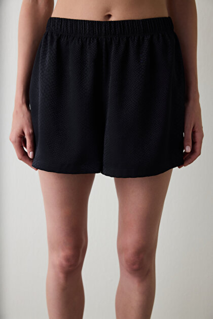 Siyah Fleur Saten Şort Pijama Altı