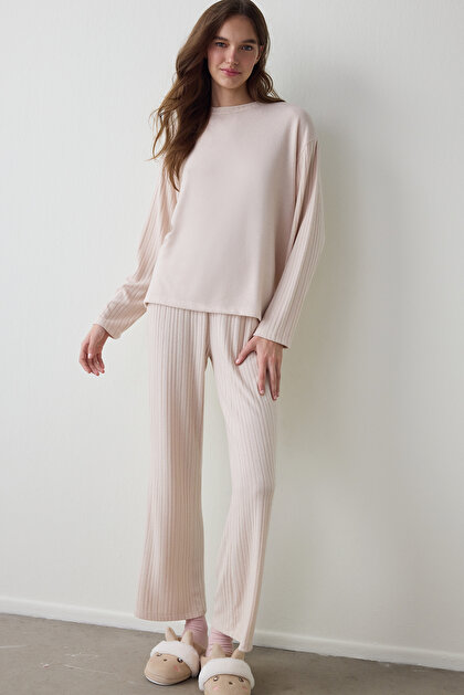 Beige Melange Coziness Crew Neck Long Sleeve Pajama Set